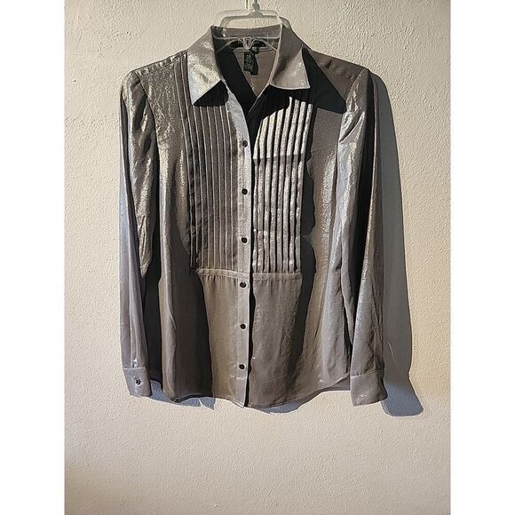 Lauren by Ralph Lauren Gray Shiney Silky Polyester Shimmer Top Extra Small XS - Picture 1 of 6